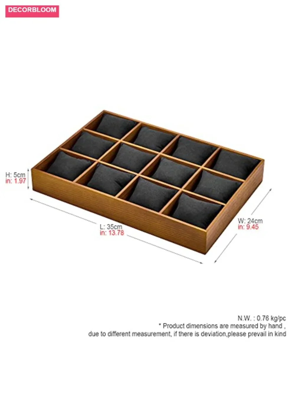Solid Wood 12-Slot Watch Storage Tray with Microfiber Pillows